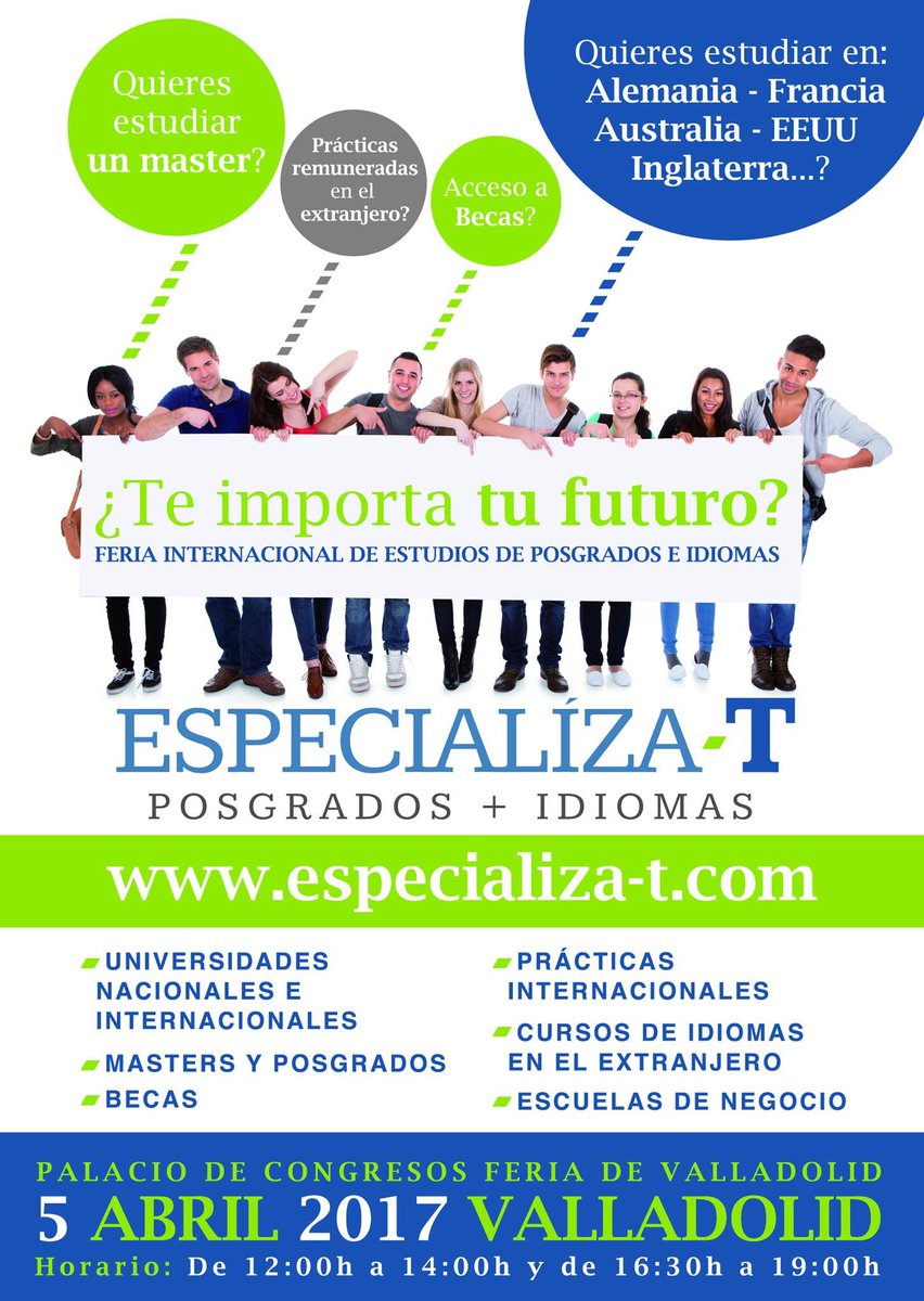 PIValladolid's tweet photo. Especializa-T Valladolid.Posgrados+Idiomas+Becas+Prácticas internacionales...5 Abril. 2017. Feria de Valladolid. https://t.co/DfpN0WhwjJ https://t.co/e2H8Xc3nPA
