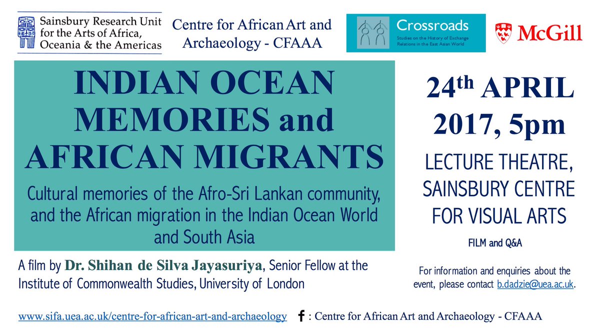 SainsburyRUnit's tweet photo. Centre for African Art and Archaeology #CFAAA 24th April 2017, 5pm.
"Indian Ocean Memories and African Migrants" Film+Q&A | @african_italian https://t.co/omLSrFq2P8
