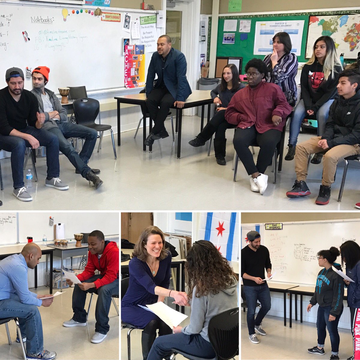 TimeLineTheatre's tweet photo. Final day for #DisappearingNumber classes at @AlcottPrep! Cast visits to chat & play scenes w/students. A fave day for all! #LivingHistoryTL https://t.co/ypFgJtp6hi