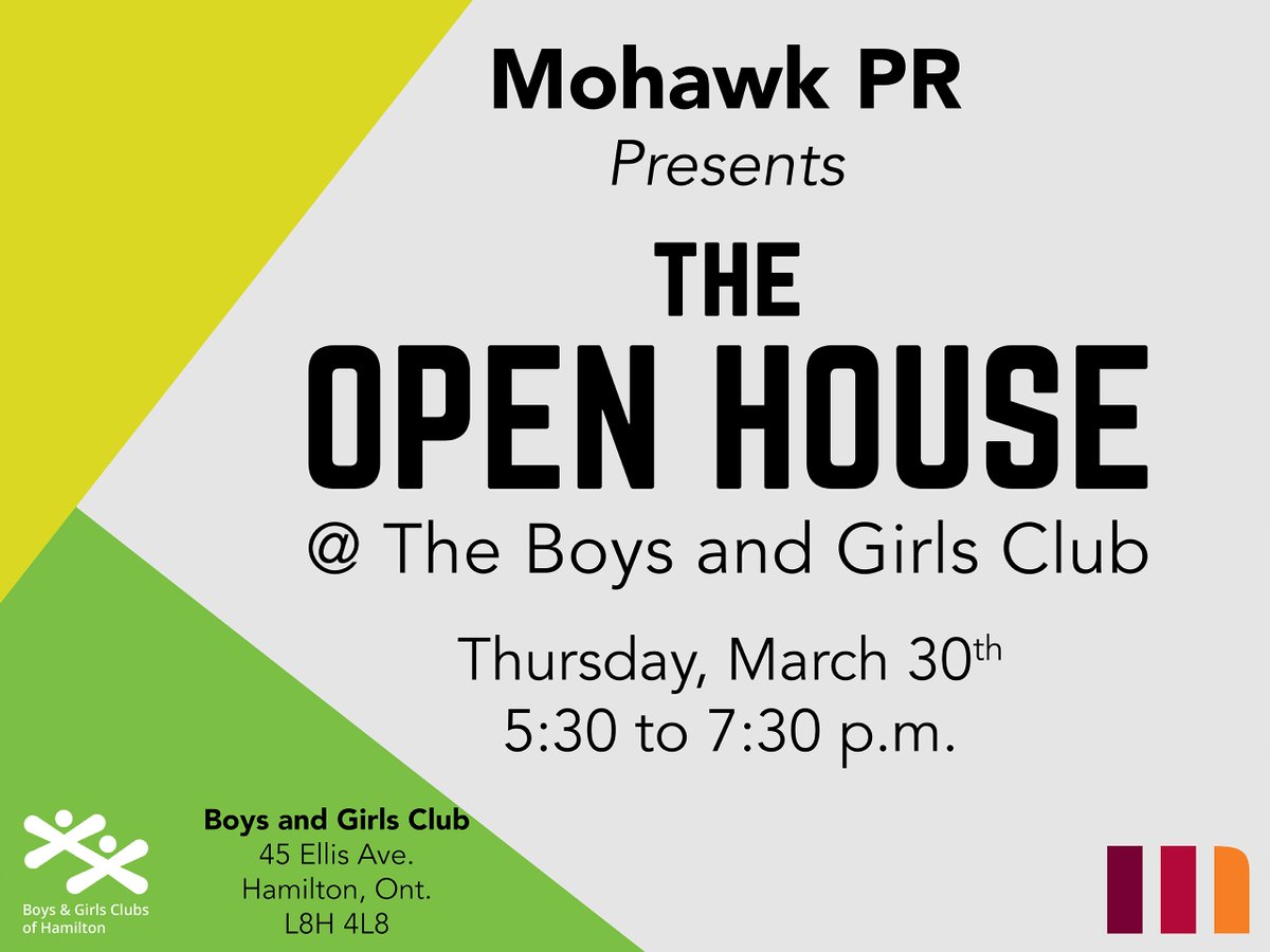 BrandonC_Waller's tweet photo. Come to @BGCHamilton's Open House on March 30th at 5:30 p.m. presented by @MohawkCollege PR Students!! #BGCopenhouse #MohawkPR https://t.co/GM9mGqCbTP