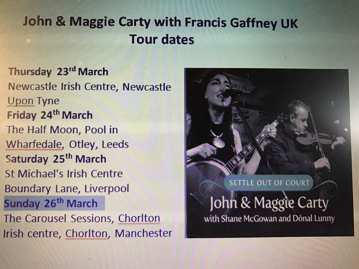 <a href="/johncartymusic/">John Carty</a> <a href="/MaggieKateC/">Maggie Carty</a> &amp; Francis Gaffney .. fine traditional Irish music, whistle stop tour... don't miss out... <a href="/HalfMoonPool/">The Half Moon Inn</a>