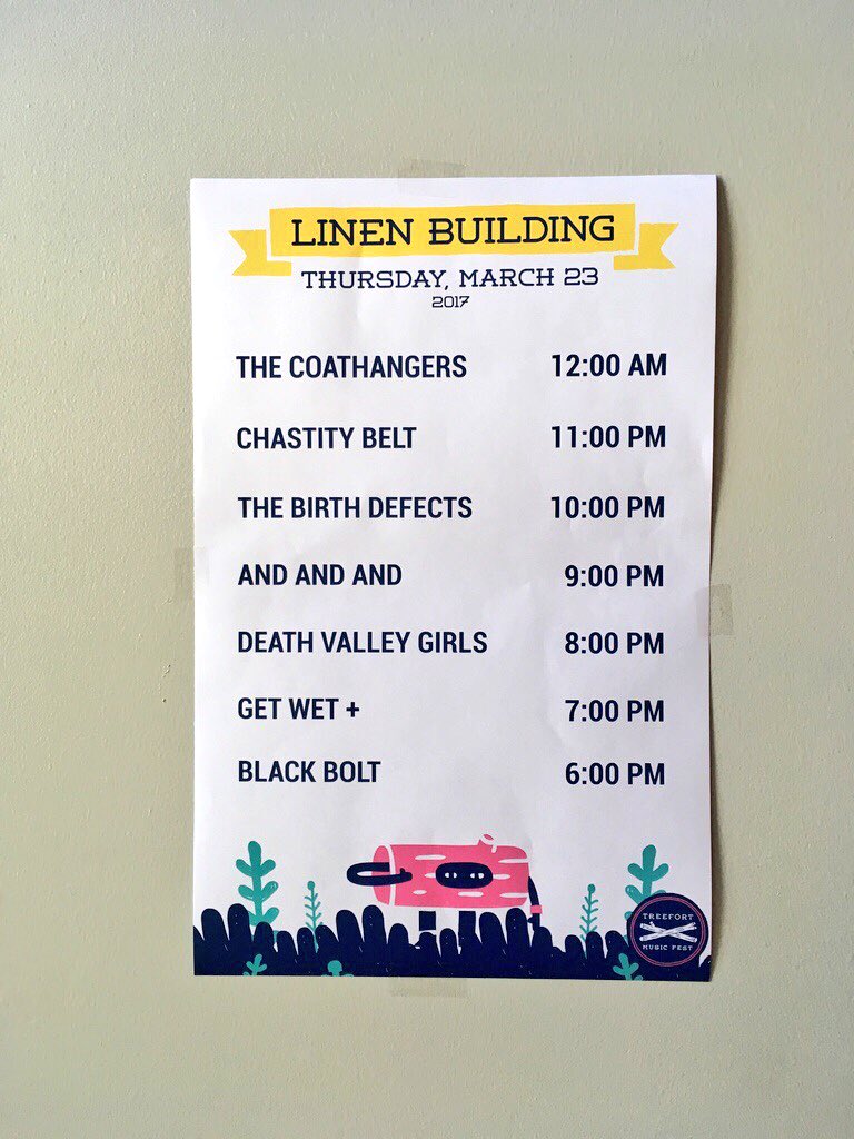 treefortfest's tweet photo. Tonight's lineup at #LinenBuilding #treefort2017 https://t.co/sz5DyF4OxA