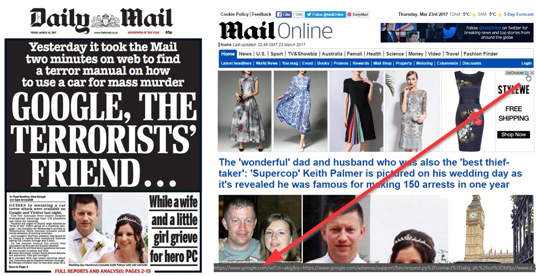 danbarker's tweet photo. Daily Mail calls Google "The Terrorists' Friend".
Daily Mail are using:
Google DoubleClick, AdSense, Publisher Tags, Google+, Analytics. https://t.co/ckD6oe32vB