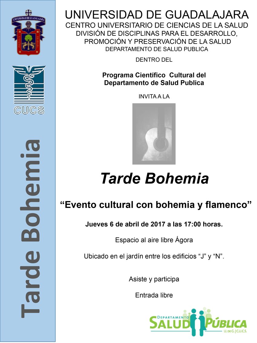OficialCUCS's tweet photo. El Departamento de Salud Pública, #CUCS, te invita a participar en una tarde bohemia:
"Evento Cultural con Bohemia y Flamenco".
#SoyCUCS https://t.co/AQpgMo47Wc