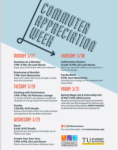 TUCommuters's tweet image. Commuter Appreciation Week begins MONDAY at the Union! Check the schedule for the week's events!