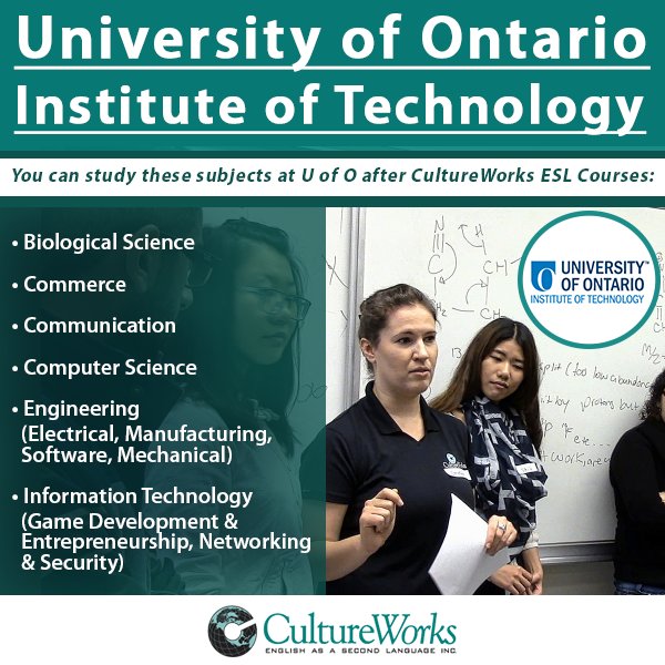 CultureWorksEAP's tweet photo. We offer #Pathways to #UofO Institute of Technology! Study one of these topics after #ESLcourses. https://t.co/4hKnF3dspk https://t.co/u3Xjx0lkPm