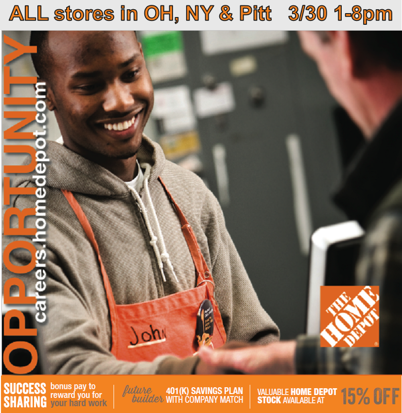 Kriston A McMichael (@thdkristonov) on Twitter photo Opportunity knocks 
WalkIn Hiring@ every store in OH, NY and Pitt
March 30 1P to 8P #OrangeThursday
Text HomeDepot to 52270 to apply Opportunity knocks 
WalkIn Hiring@ every store in OH, NY and Pitt
March 30 1P to 8P #OrangeThursday
Text HomeDepot to 52270 to apply