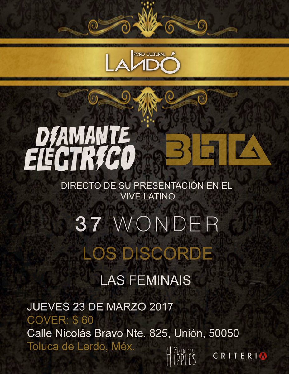 37wonder_'s tweet photo. Toluca, nos vemos hoy en la noche en el foro Landó junto a @Diamantelectric @beta_mx @Los_Discorde @FeminaisMx. https://t.co/yXk9dvPC5B