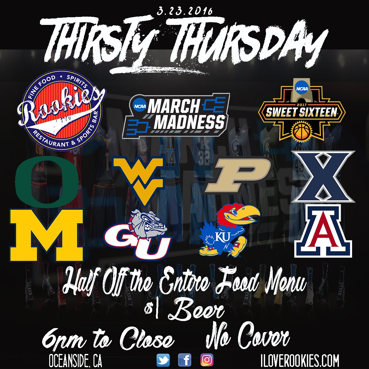 iheartrookies's tweet photo. Thirsty Thursday: #marchmadness Madness | #SWEET16 . Every Thursday half off all food $1 Rolling Rock #iloverookies #oceanside #basketball https://t.co/aaoYMmdprA