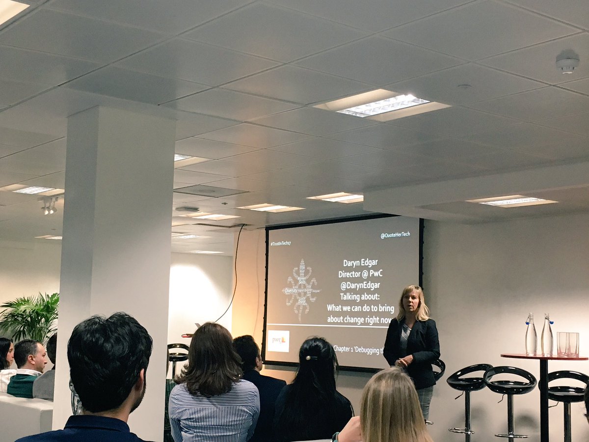 QuoteHerTech's tweet photo. Next up @darynedgar from @PwC_UK - 'how to bring about change right now' #diversity #womenintech #TrustInTech17 https://t.co/HcN8wOi9gB