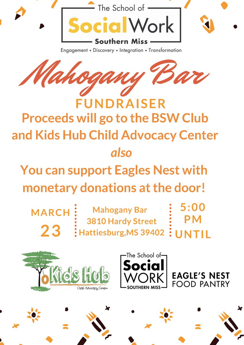 Come out tonight to Mahogany Bar and support the School of Social Work's BSW Club and Kids Hub Child Advocacy Center! 5pm-until #SMTTT
