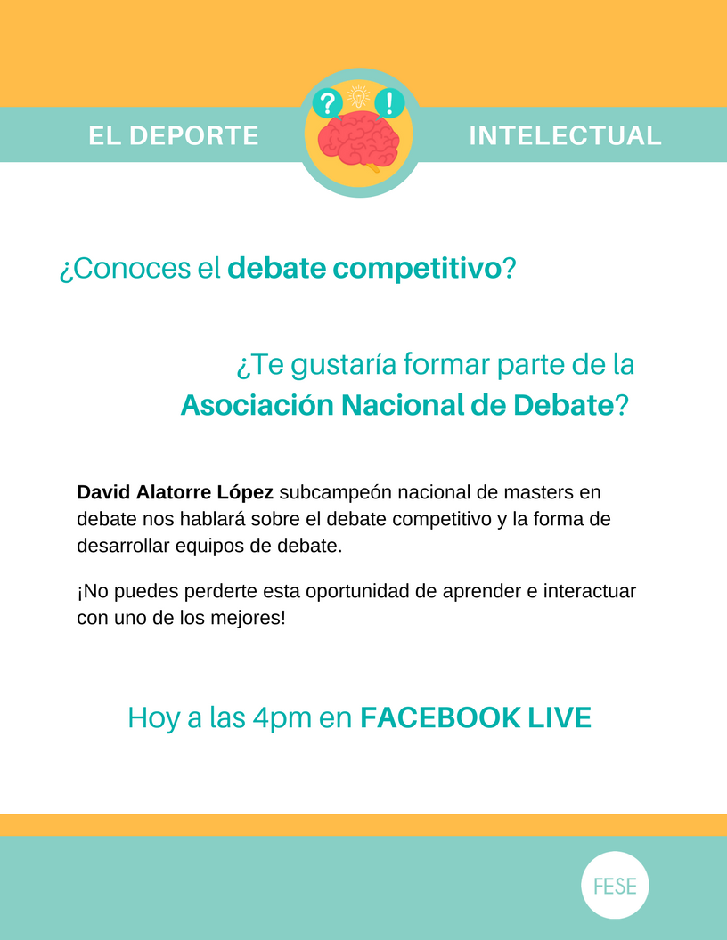 fese_mx's tweet photo. Hoy tenemos la presencia de David Alatorre subcampeón nacional de debate. #DebateCompetitivo #SoyFese
A las 4pm en https://t.co/Z8ZfV01oiw https://t.co/0zpMdu5cGp