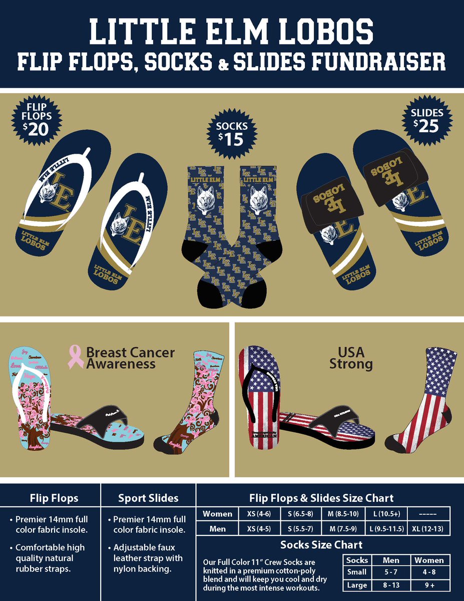 The 2017-2018 Cheer Squad is now taking orders for Flip Flops, Socks and Slides  
 ** Youth sizes available in Flip Flops only**