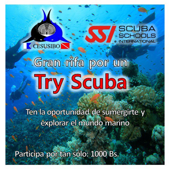CESUSIBO's tweet image. Ya llegó la gran rifa por un Try Scuba! (buceo de prueba). Fecha 18/04/17. Para información de forma de pago visita m.me/CESUSIBOUsbVe