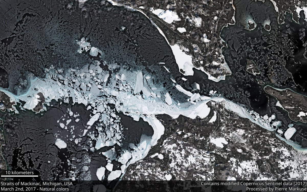 Sentinel-2A natural color image of the Straits of Mackinac, Michigan, USA. March 2nd, 2017
