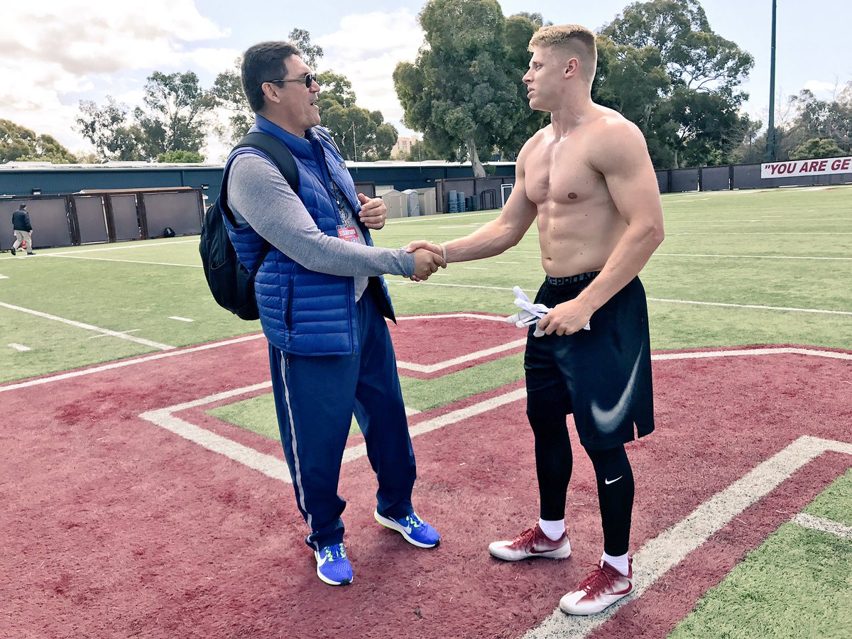 StanfordFball's tweet photo. .@DallasLloyd finishes his DB drills, has a good conversation with Ron Rivera.

#StanfordProDay #StanfordNFL https://t.co/2XhYGZbwjR