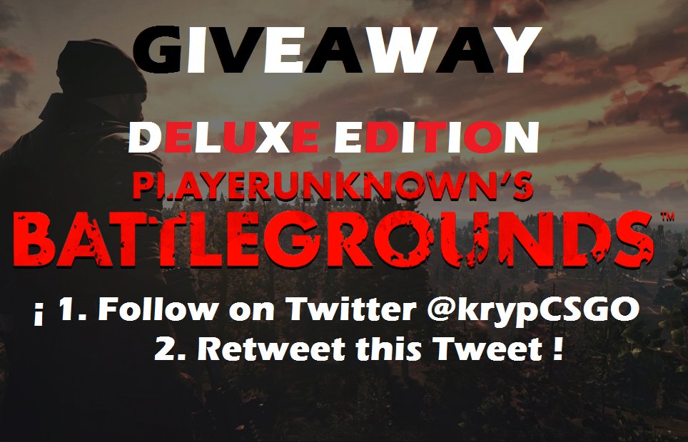 IvaanCuesta's tweet photo. ¡¡GIVEAWAY!! @PUBATTLEGROUNDS Deluxe Edition key.
TO ENTER:
1. Follow @krypCSGO on twitter
2. Retweet this tweet https://t.co/G8Xctnh1JC