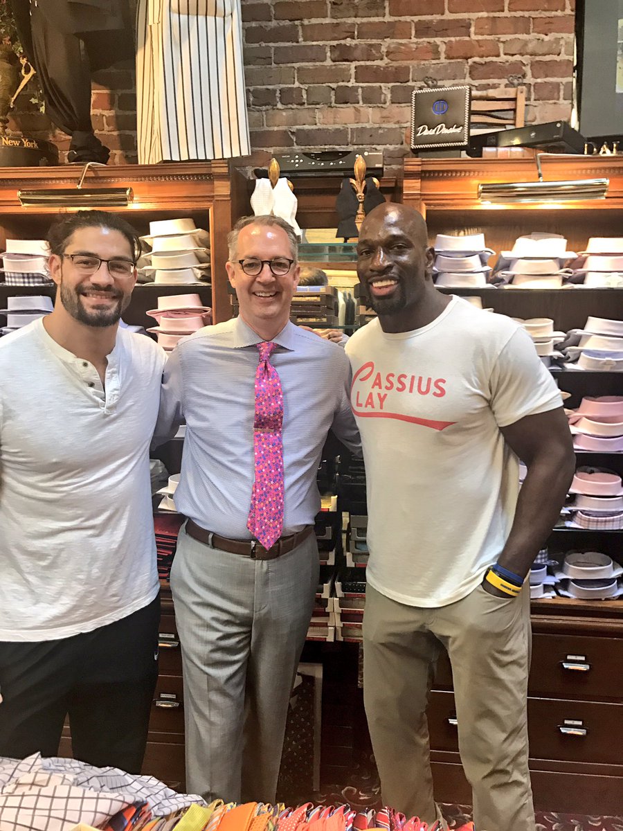 TitusONeilWWE's tweet photo. @WrestleMania Wardrobe for me and  @WWERomanReigns is Complete by Our Tailor Chris Blowers @GreinersTampa #Tailormade #BestDressed in @WWE https://t.co/boWnSyDZZR