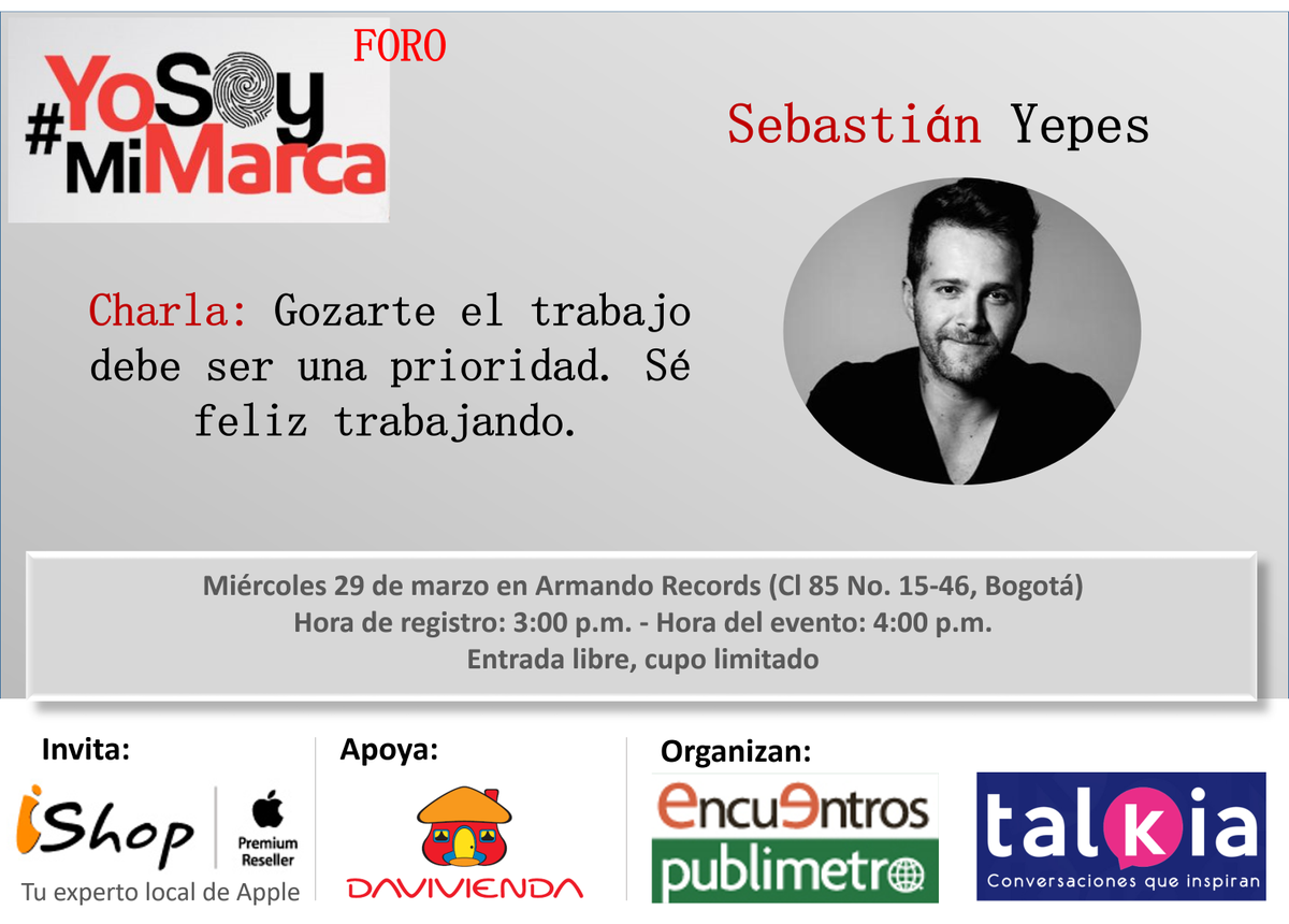 talkia_co's tweet photo. Inscríbete al foro #YoSoyMiMarca que organiza @PublimetroCol y #Talkia. @sebastianyepes ponente
Inscripciones >> https://t.co/rXMNXXuQYw https://t.co/32yBi67LTw