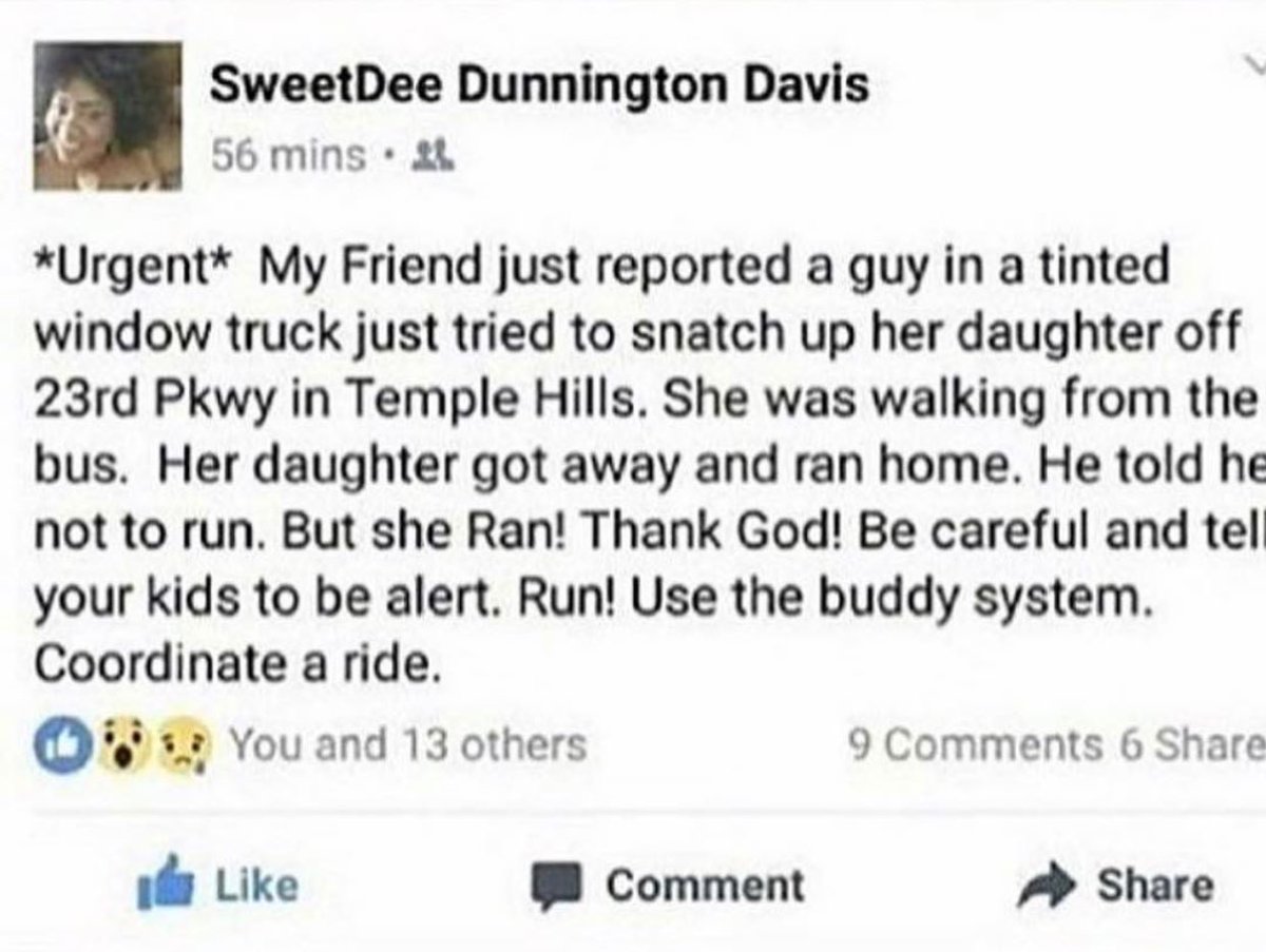 VirtuallyKita's tweet photo. Y'all please be alert!!! Especially #DMV no kids should be walking home alone at this point! Men step up! Ladies look out! https://t.co/cy3OLMuVwx