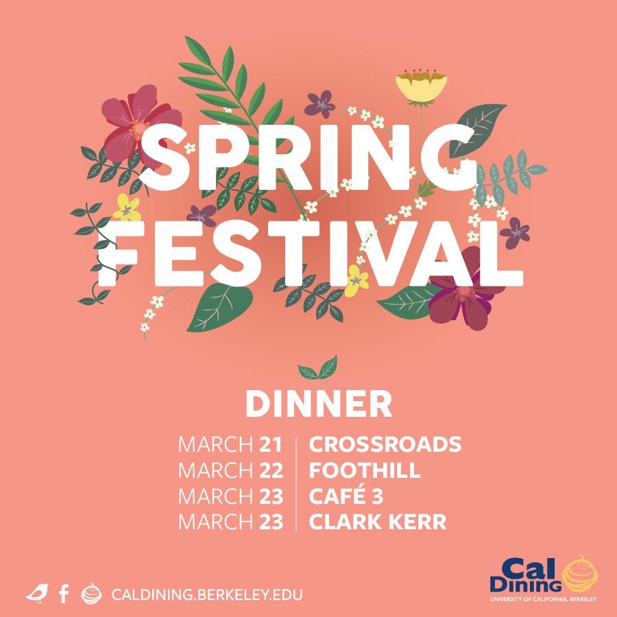 CalDining's tweet photo. Café 3 and Clark Kerr are our very last Spring Festival hosts! Don't miss out on our spring menu tonight 🌱✨ #CalDining #Café3 #CKC https://t.co/23m11BzrjF