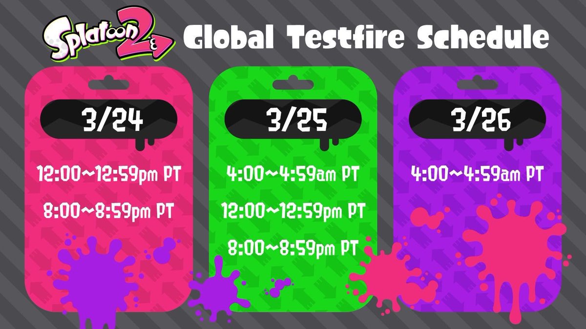 NintendoByte's tweet image. Don't forget the Splatoon 2 Global Testfire starts tomorrow. Remember to adjust time for your local timezone. #NintendoSwitch