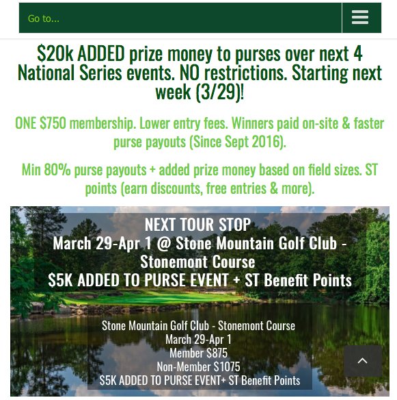 MyGogi's tweet photo. ONE $750 membership. Lower entry fees. Winners paid on-site & faster payouts (since Sept 2016). 80% min + ADDED $$ + #STpoints #golf #STTOUR https://t.co/DVXgmxfMXX