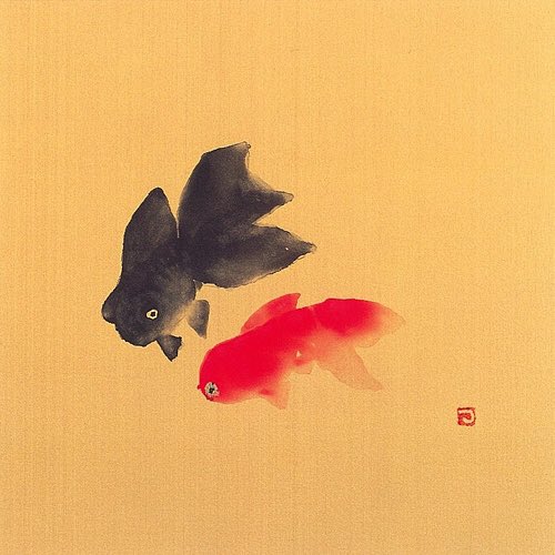 片岡鶴太郎の個展の案内を見てた。金魚がかわいいなぁと。椿と金魚を