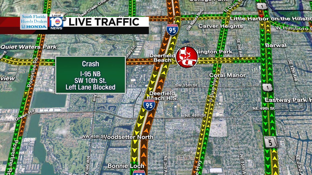 CRASH: I-95 NB & SW 10th St. a left lane is blocked. Delays stretch as far south as Sample Rd. #TRAFFIC https://t.co/XY1Lywi3LQ