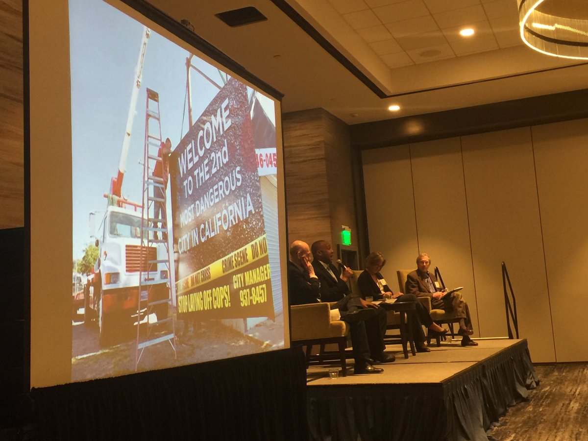 Felicialogan's tweet photo. "10th most dangerous city" label Stockton CA, bankruptcy issues shared by Kurt Wilson, CM drastic reduction of staff&amp;morale. #ICMASummit https://t.co/pJeAbnyBxQ