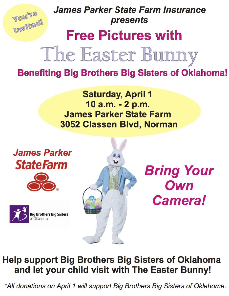 JPStateFarm's tweet image. Come out on April 1st from 10-2 for free pictures with the Easter Bunny! 
3052 Classen BLVD
Norman, OK