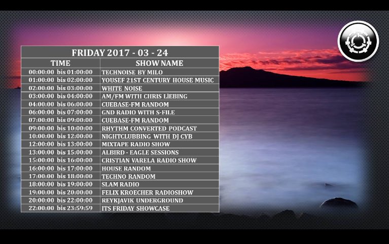 CUEBASEFM1's tweet image. Friday&apos;s schedule on cuebase-fm.de/black 
#rave #radio
#underground #electronic #music
