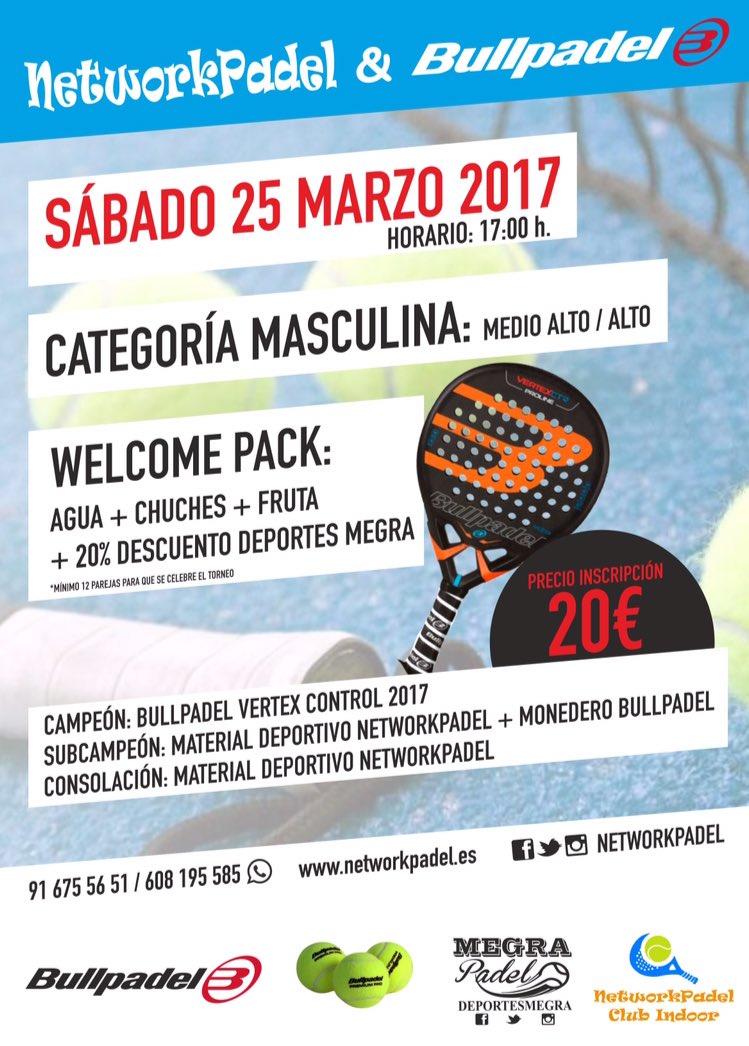 Últimas plazas!!
Sábado <a href="/NetworkPadel/">Networkpadel</a> <a href="/bullpadelsport/">Bullpadel</a>
Cat.Masculino
Premio: 2 vertex control 2017 <a href="/DeportesMegra/">Deportes Megra</a> #torrejondxte #madrid