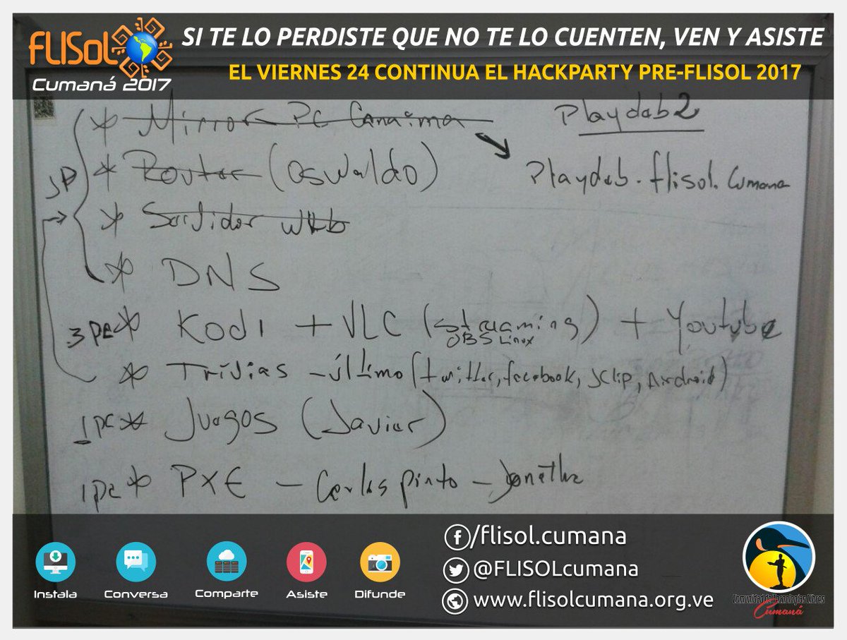 FLISOLCumana's tweet photo. Este Viernes24 continua el #HACKPARTY Test de Servidores 
WEB, DNS, DHCP, KODI, Repos @fundacitesucre desde 9am #FlisolCumaná #Flisol2017 https://t.co/ql3gCwg3fA
