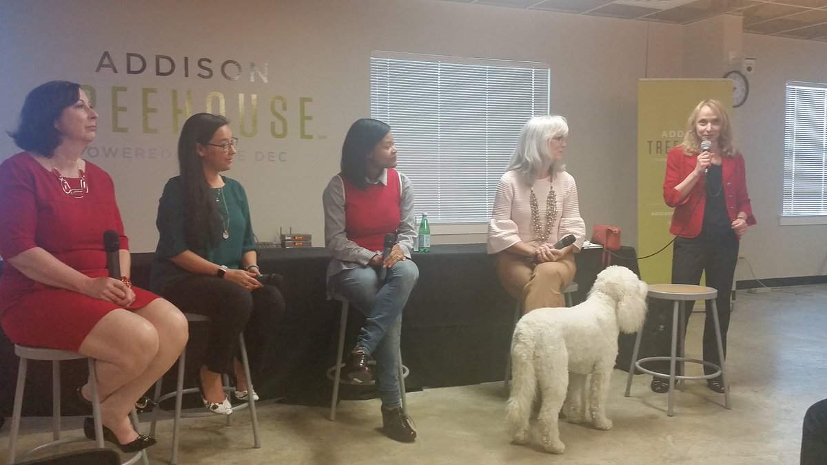 GracePlaton's tweet photo. #WEAddison panel @TreeHouseTX with a golden doodle guest. https://t.co/rPGF7fsYyQ