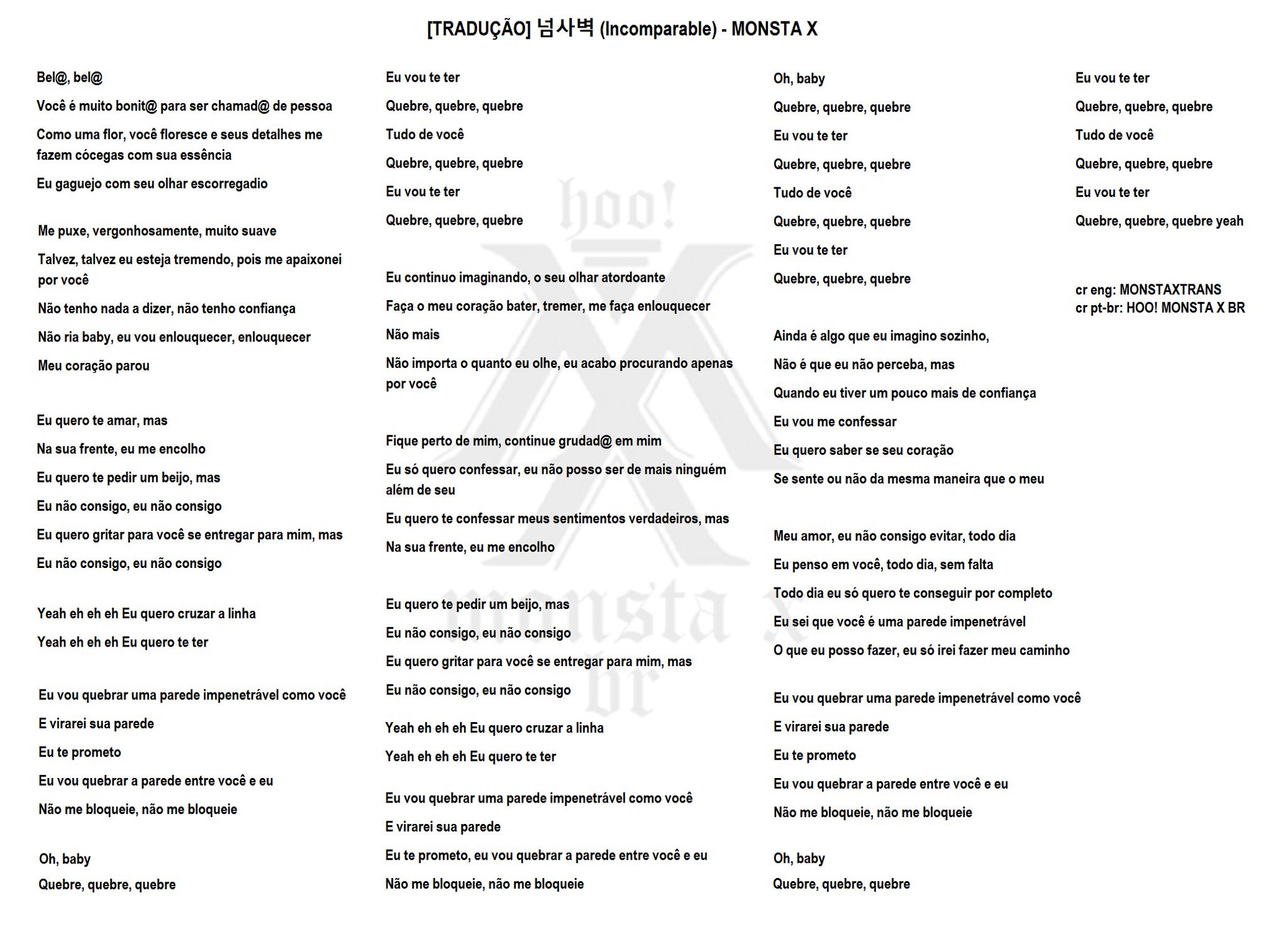 ◶ HOO! MONSTA X BR (hiatus) on X: [LETRA] Tradução da música #Incomparable  – THE CLAN part 2.5 #BEAUTIFUL (#아름다워) HQ:    / X