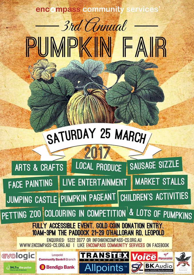 #SaltedFish will play about 12pm tomorrow at <a href="/EncompassCS/">EncompassCS</a>' "Pumpkin Fair 2017" which kicks off at 10am. Turn right at <a href="/McDonalds/">McDonald's</a> in Leopold.