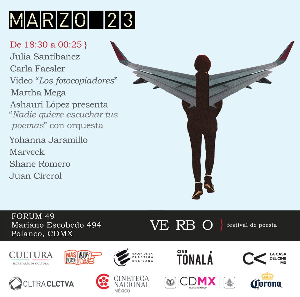 LaTertuliaMx_'s tweet photo. HOY inicia el @FestivalVerbo en #Forum49 18:30h #EntradaLibre
:: 3 días de poesía en #CdMx :: #VivanLasLetras #InspiraciónLiteraria https://t.co/NeRdjTwUIV