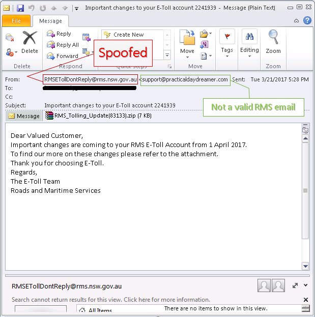 Cybercriminals are spoofing NSW Roads and Maritime Services in #spam emails to spread #Dridex <a href="/NSWMaritime/">NSW Maritime</a> ow.ly/TNzu30acQq1