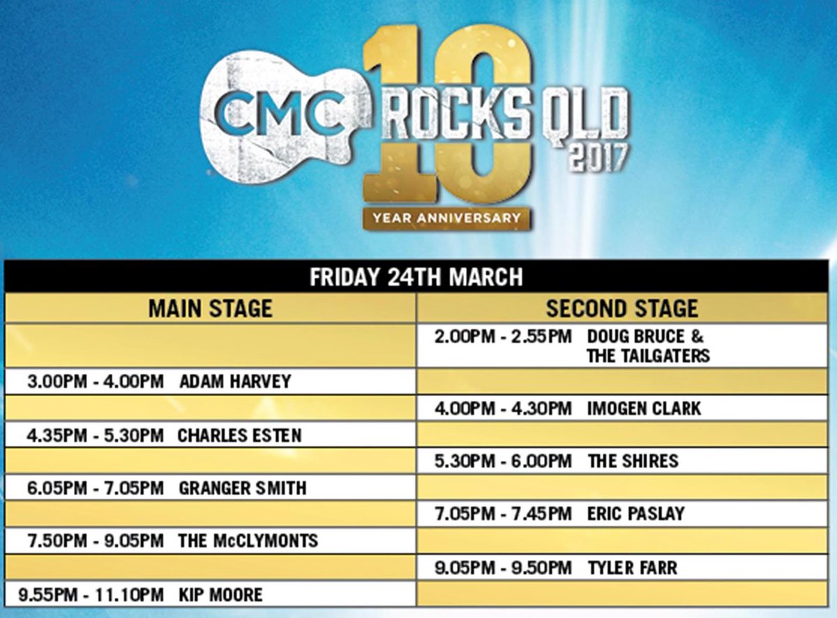 On 2nd stage at 2pm today at #CMCRocks Hope y'all get here in time! Merch tent open now and I'll be signing stuff at 3.10pm #countrymusic