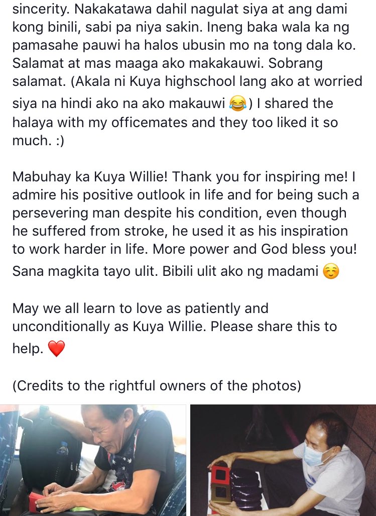 Please help Kuya Willie, a simple grandfather trying to make an honest living out of selling ube halaya

You may contact him at 09238170261