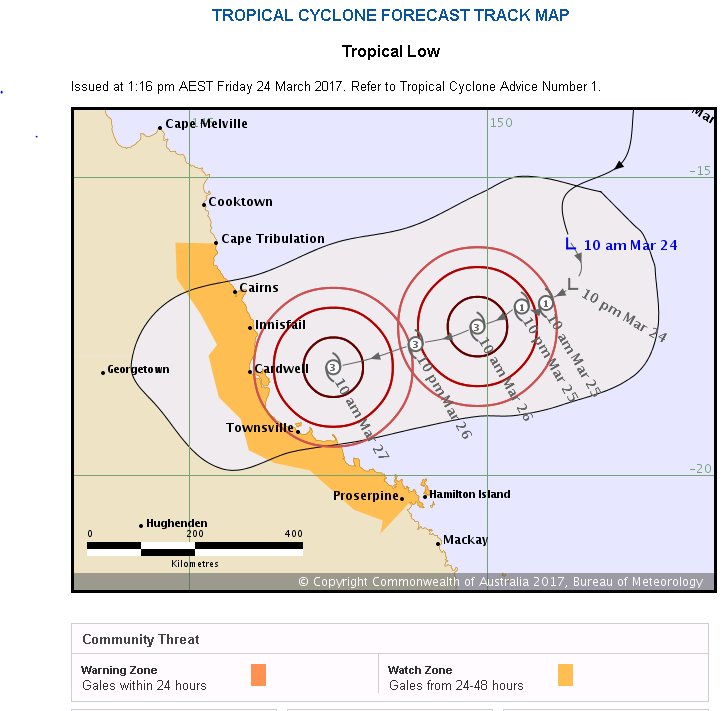 BOM_Qld's tweet photo. #Cyclone forecast track map and Tropical #Cyclone Advice issued. Visit https://t.co/YTkwbdHchP for the latest. https://t.co/WT00qMmSgA