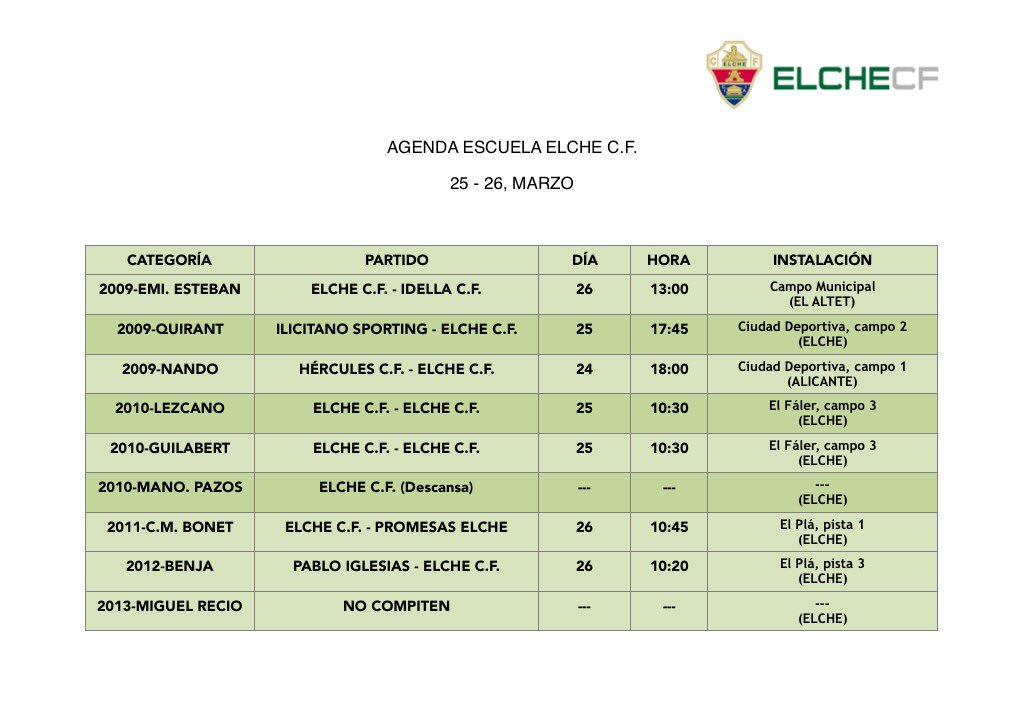 ElcheCFacademy's tweet photo. Horarios de partidos de la ESCUELA del Elche C.F. Para este fin de semana. https://t.co/URGm3LvciN