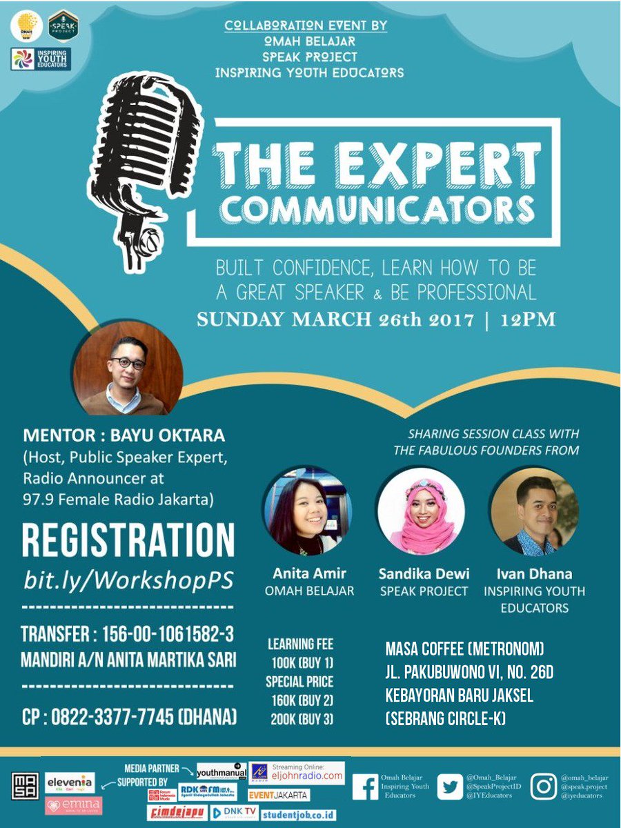 SpeakProjectID's tweet photo. Thx @eminacosmetics @eleveniaID &amp; Masa Coffee yg sdh support acara Workshop Public Speaking by @SpeakProjectID @Omah_Belajar @IYEducators https://t.co/1f9xsXpFrC