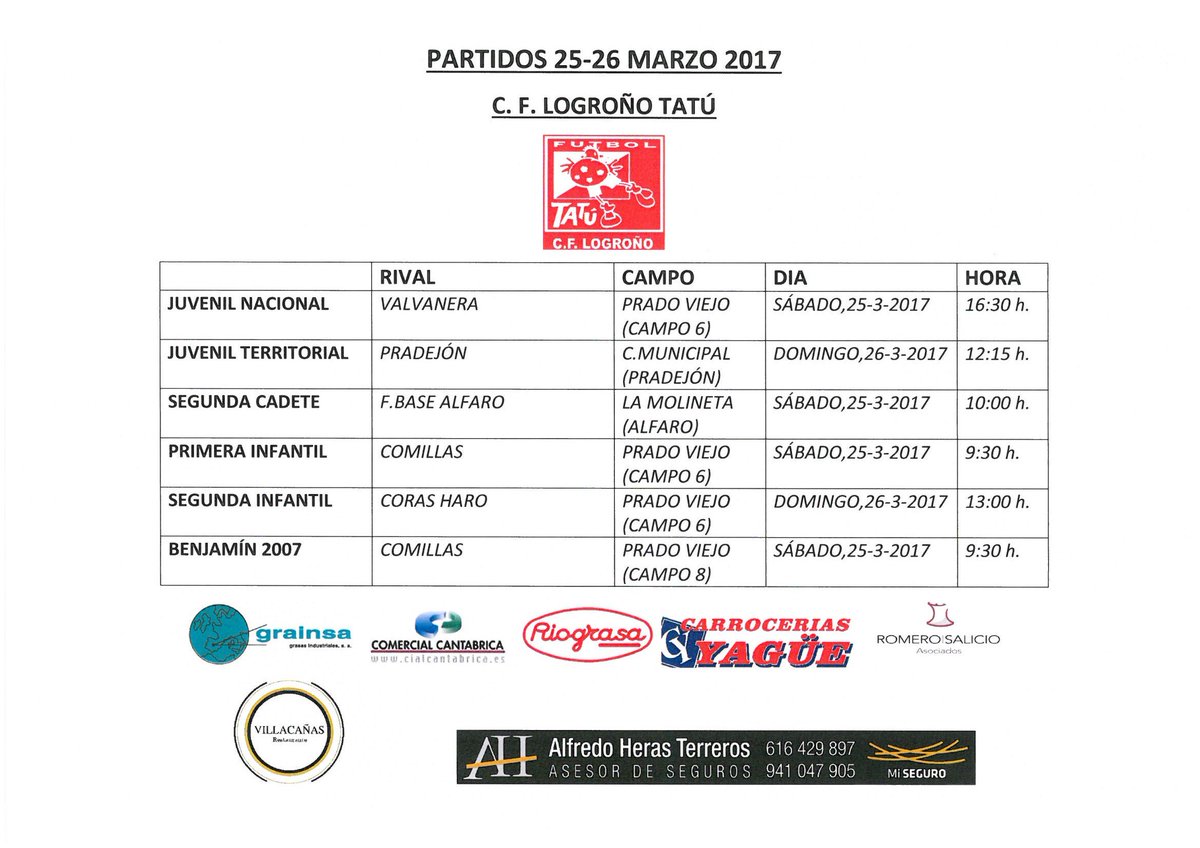PARTIDOS 25-26 MARZO 2017.ÁNIMO A TODOS.TRABAJO,ESFUERZO,ILUSIÓN Y GANAS NOS ACERCARÁN MÁS FÁCILMENTE A LOS OBJETIVOS. CCC. #fuerzatatú