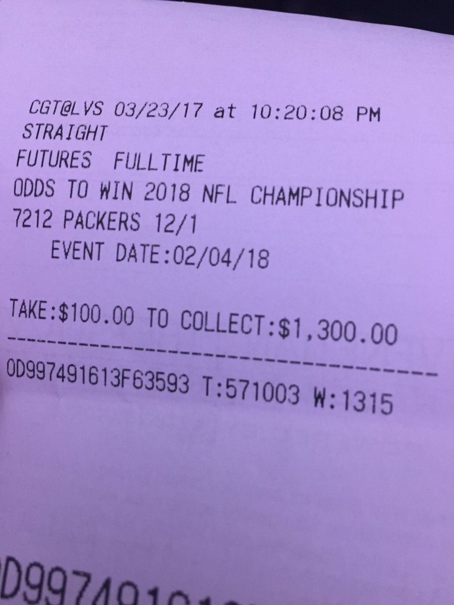 dcluka's tweet photo. 12:1 odds for @packers to win the #SuperBowl2017. Must be an omen @AaronRodgers12 #surefire #homer #believer https://t.co/pCdqfvahTg