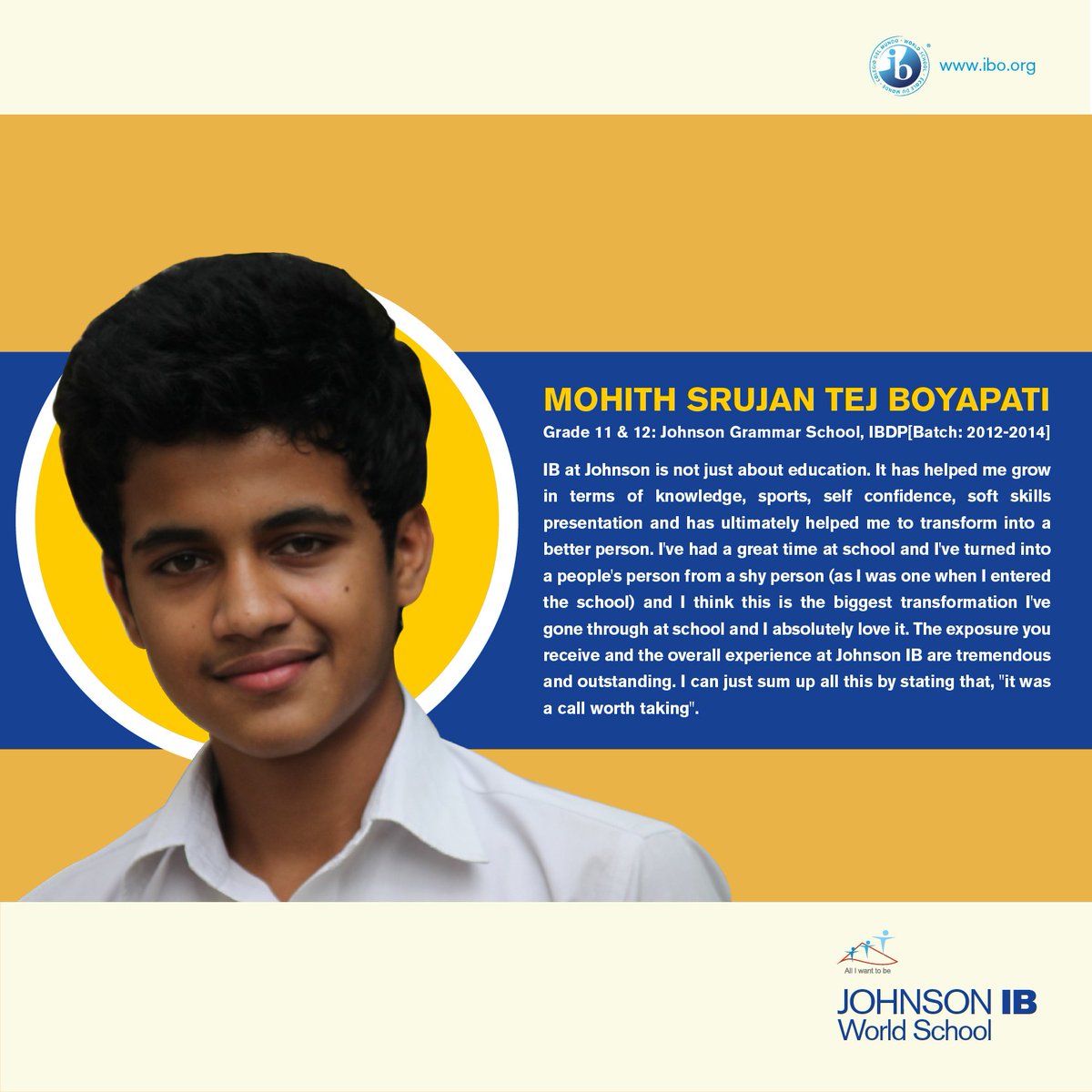 johnson_ibdp's tweet photo. Mohith Srujan, JIB alumni expresses his experience with IB Curriculum and how JIB helped him to grow successful.
#AlumniSpeak #JohnsonIBDP https://t.co/FFwlhpgpRn