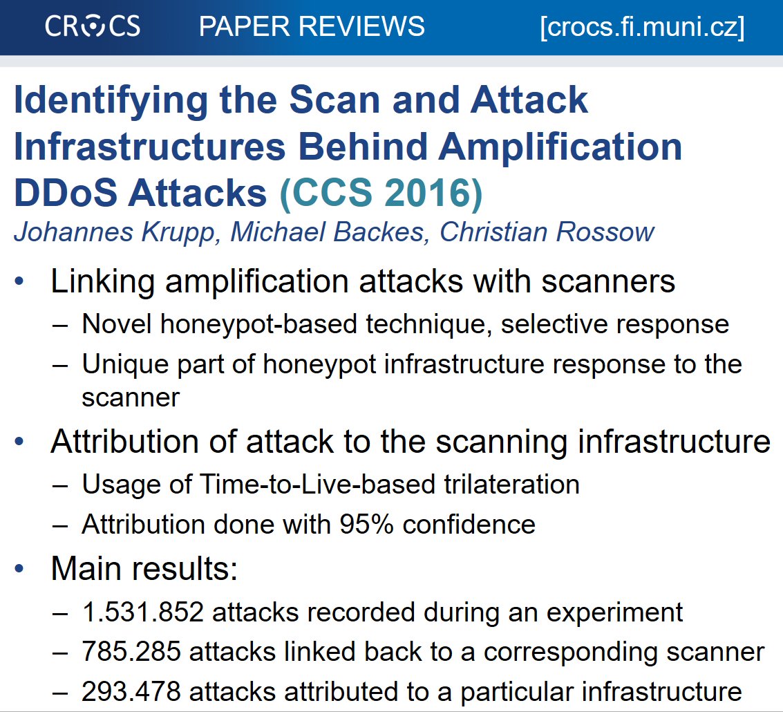 CRoCS_MUNI's tweet image. #paperclub #CCS16 Identifying the Scan and Attack Infrastructures Behind Amplification #DDoS Attacks users.cs.fiu.edu/~carbunar/teac…
