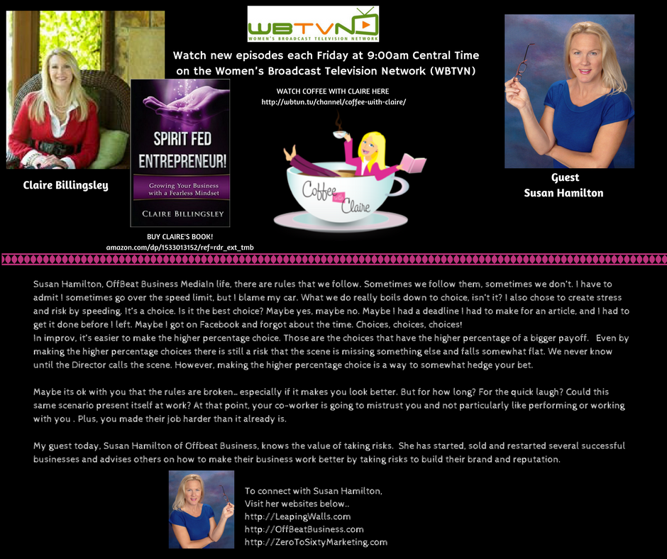 CoffeeWClaireTV's tweet photo. Today's episode of #coffeewithclaire features Susan Hamilton of @OffbeatBusiness @ImprovBizClaire @WBTVN @CSzDallas @relavatebrian https://t.co/Hm3HnCEmZU