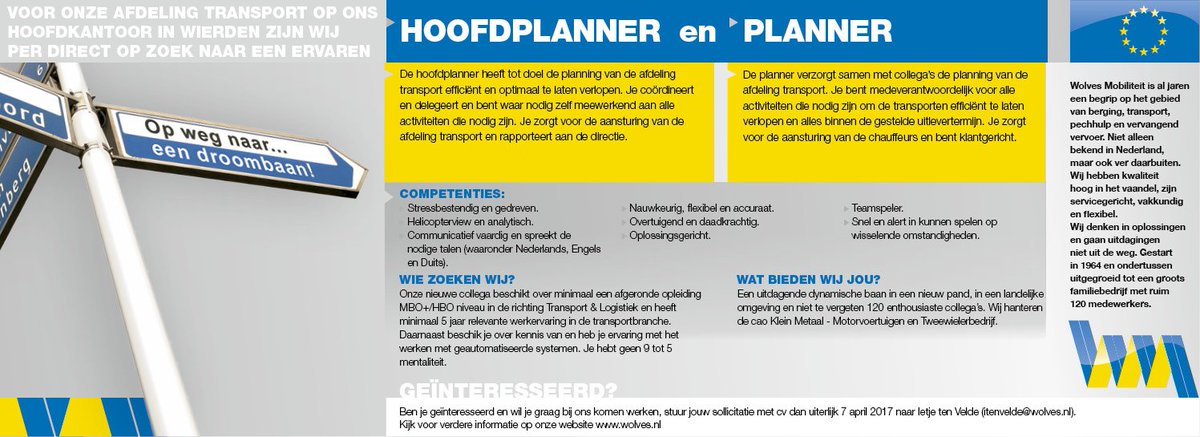 Wolves_Mobility's tweet image. Wij zijn op zoek naar een hoofdplanner en planner voor onze afdeling transport in Wierden, ben jij onze nieuwe collega?